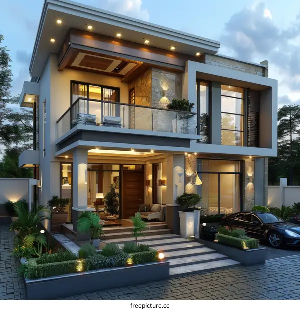Modern House with Balcony and Lush Greenery