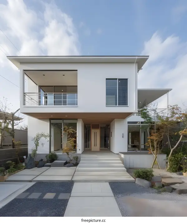 Modern Two Story White House with a Wooden Front Door