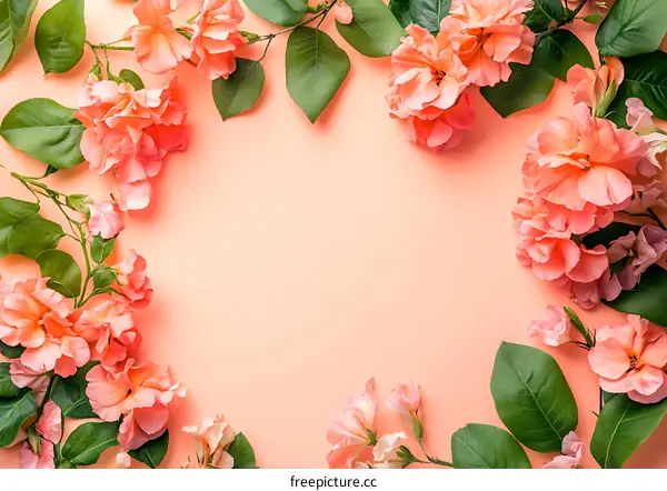 Pink Flowers Frame On Peach Background