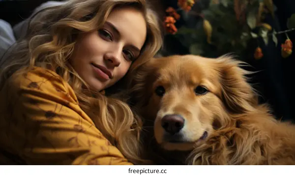 Portrait of a young woman with a golden retriever dog