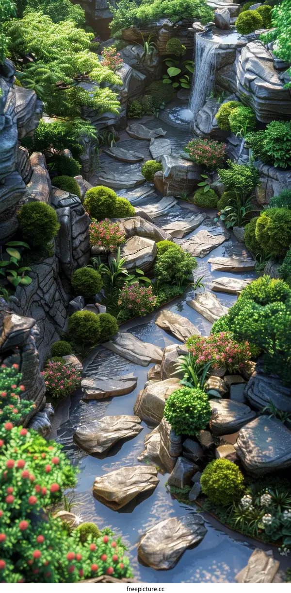 Serene Waterfall Cascading Through Lush Rocks and Flowers