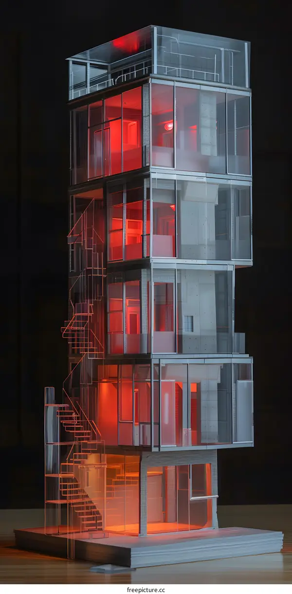 Modern Glass Building Model With Red Light Illumination