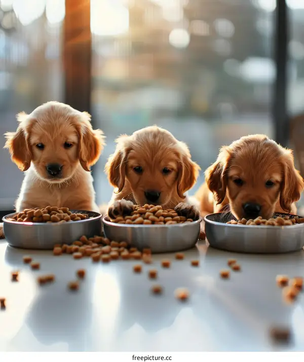 Three cute golden retriever puppies eating from bowls
