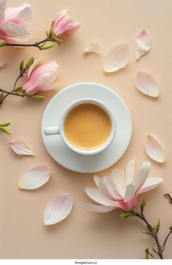 White cup of coffee with magnolia flowers on a beige background