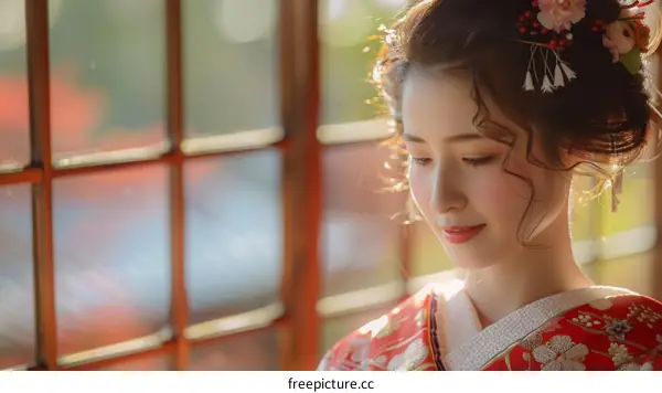 Beautiful Asian Woman Wearing Traditional Japanese Kimono