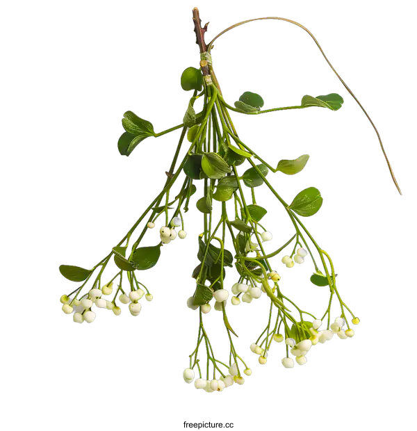 [Transparent Background PNG]Fresh Green Mistletoe Sprig with White Berries Isolated on White Background