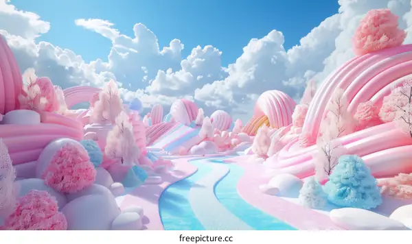 Whimsical pastel pink landscape with blue river running through it