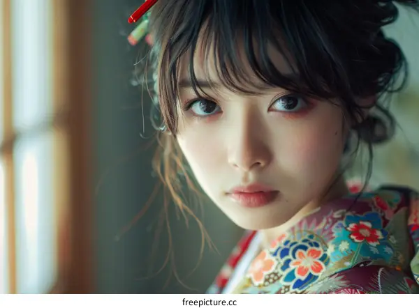 Japanese Woman in Traditional Kimono Looking at Camera