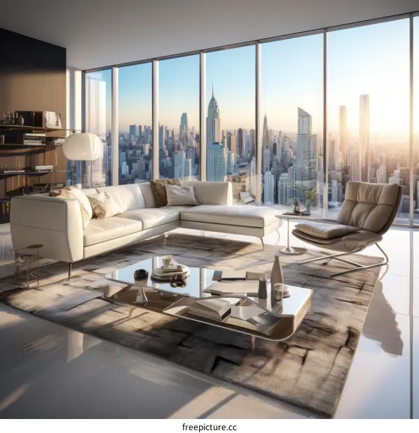 Expansive Living Room with City Views and Sunset