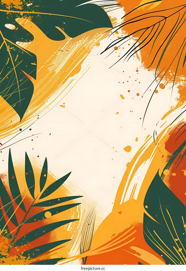 Tropical Leaf Abstract Background With Orange And Green Colors