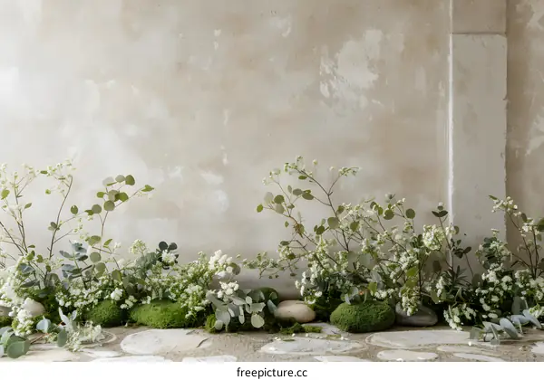 White Flowers and Green Leaves Against a Textured Wall