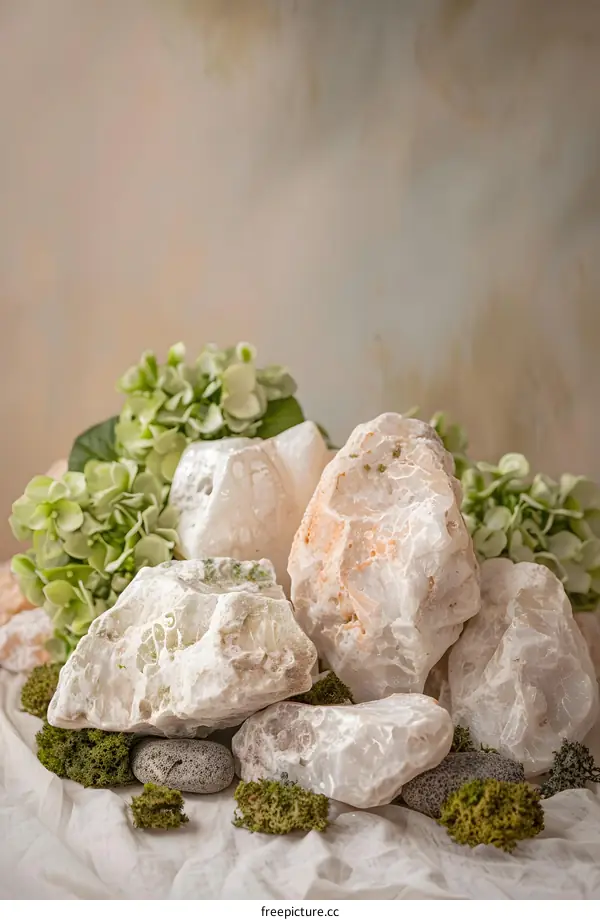 White Stones and Green Plants on a White Fabric Background