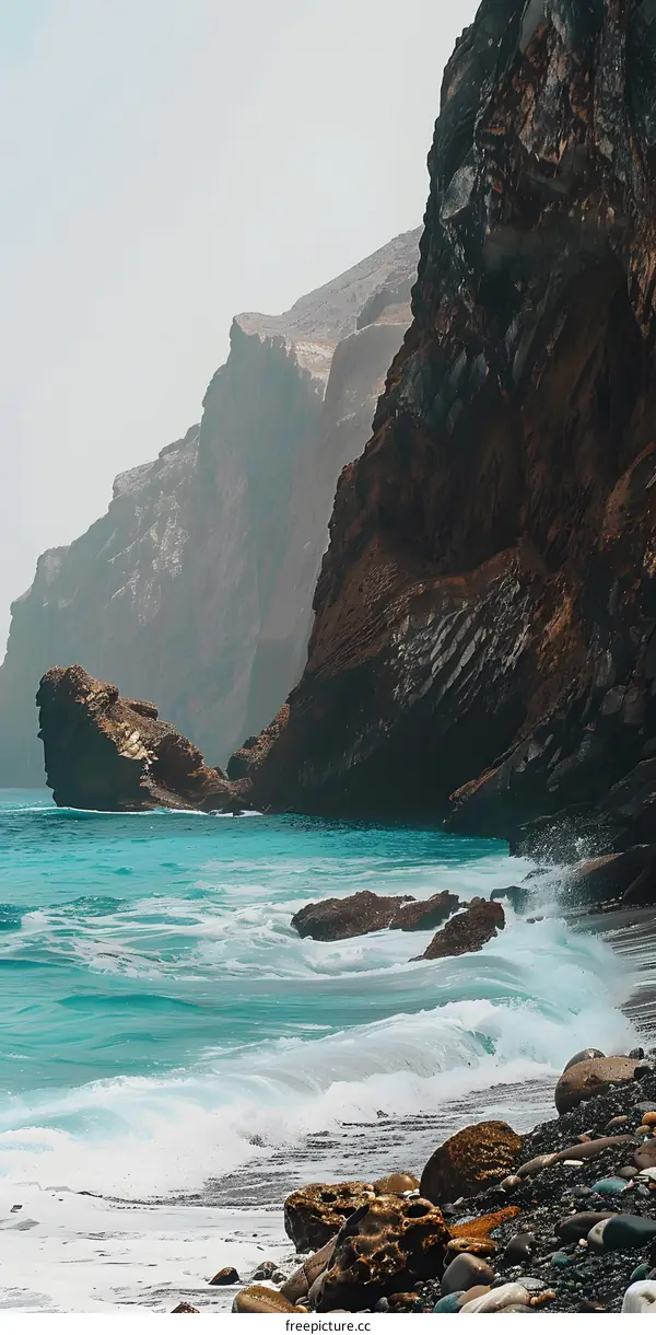 Rocky Coastline with Turquoise Water and Waves Crashing on Shore