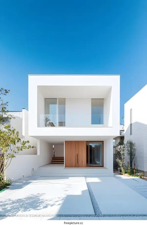 Modern Minimalist Two Story House with White Walls and Wood Door