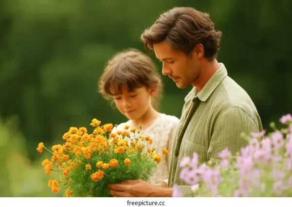 Family with Flowers in a Garden