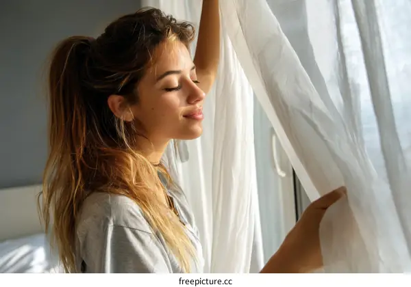 Woman Opening Window Curtains in Morning Light
