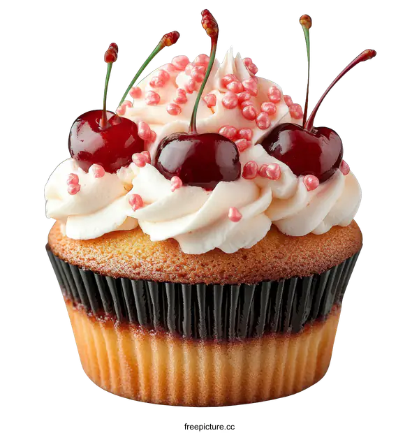 [Transparent Background PNG]Delicious Cherry Cupcake with Whipped Cream