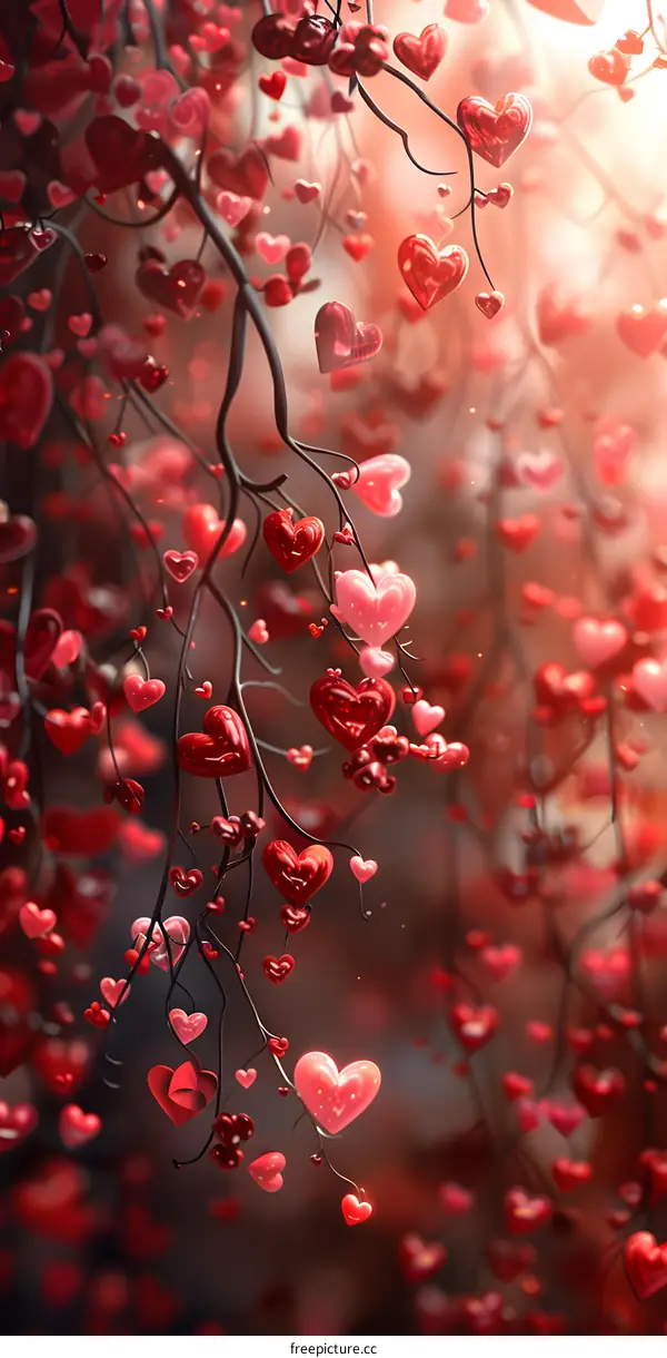 A small tree hung with pink and red love hearts