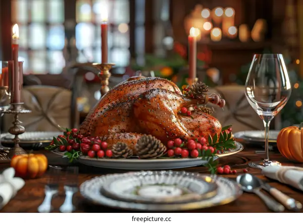 Thanksgiving Feast: Roasted Turkey, Candles, and Pumpkins