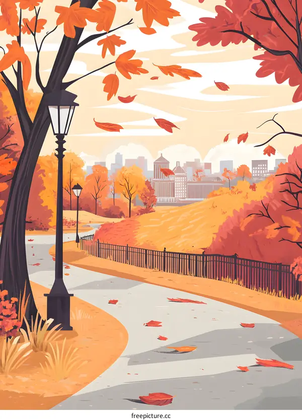 Autumn Park Pathway with City Skyline
