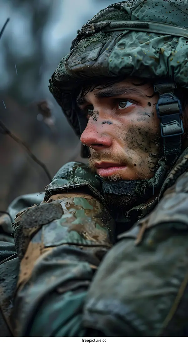 Portrait of a soldier in the rain