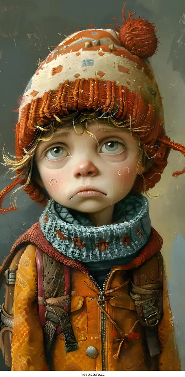 portrait of a sad looking boy wearing a knit cap