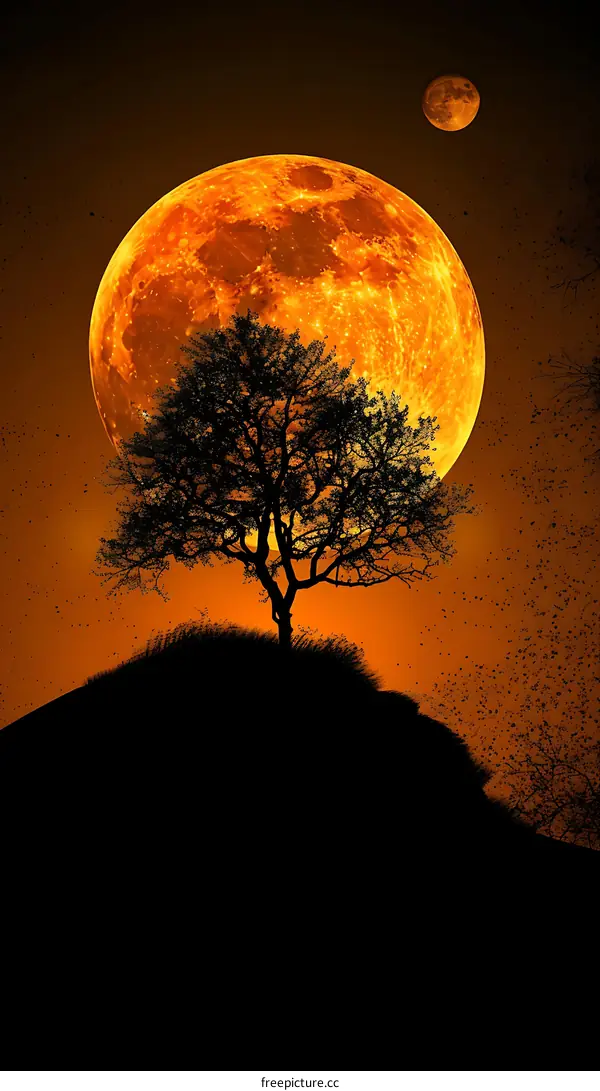 Orange Moon And Tree Silhouette