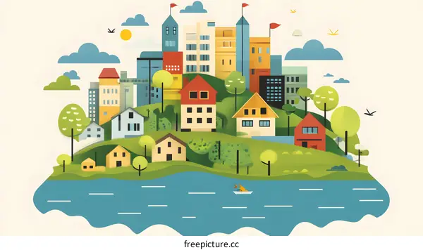 Colorful Illustration of a City on a Green Hill