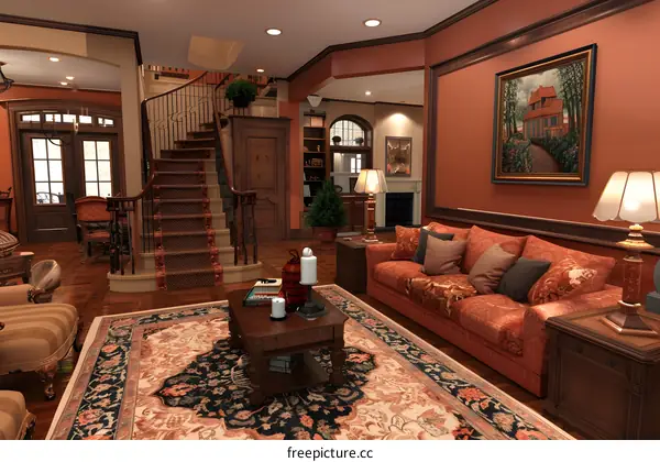 Classic Living Room Interior Design with  Staircase and Rug