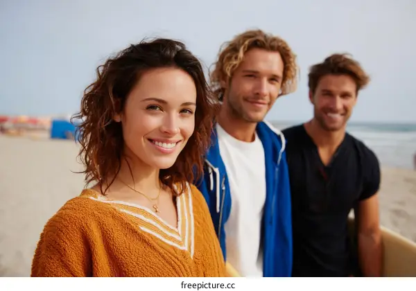 Three friends smiling at the beach