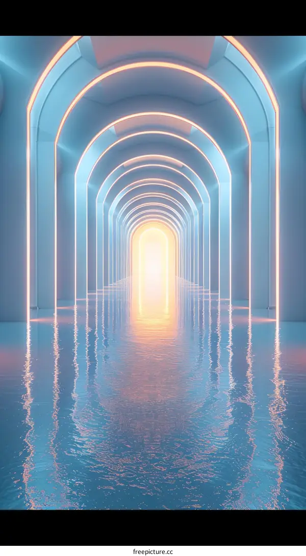 Blue and orange glowing arched hallway with water on the floor