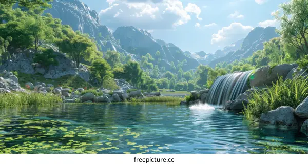 Fantasy Waterfall Landscape with Majestic Mountains