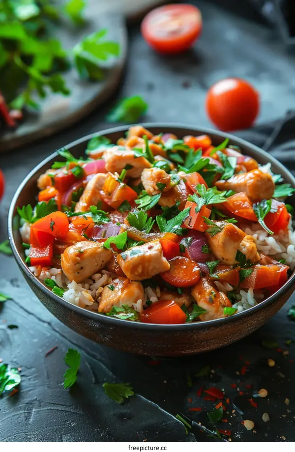 Chicken and Bell Pepper Stir Fry Served with Rice