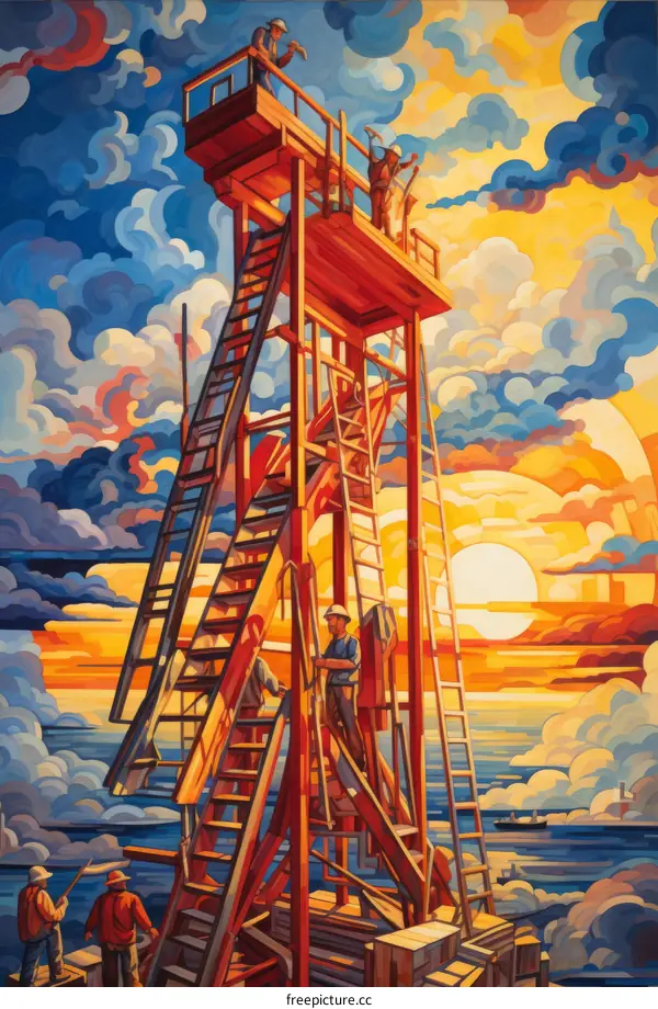 Oil Rig Workers on a Platform at Sunset