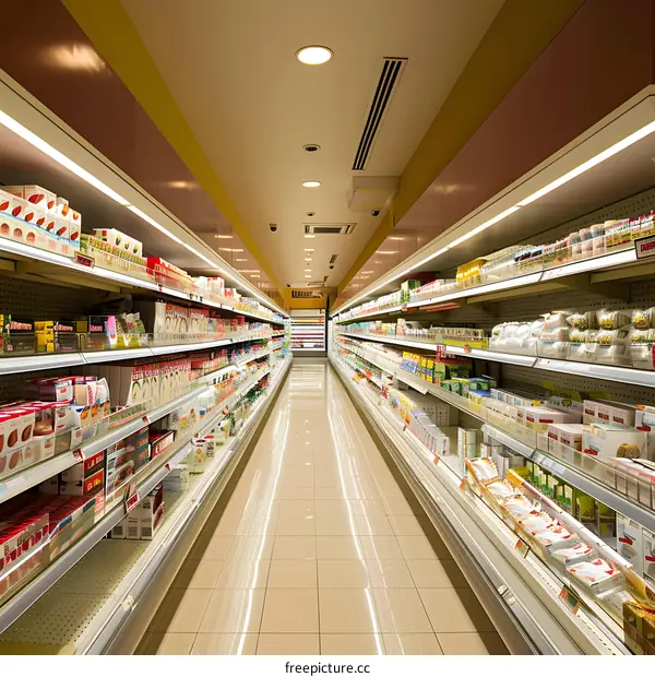 Grocery Store Aisle Empty and Stocked With Products