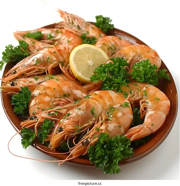 Plate of cooked shrimps with lemon and parsley