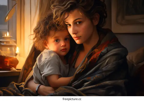 Mother and child in a candlelit room