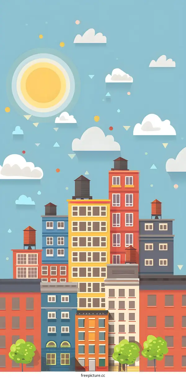 Cartoon Illustration of Colorful Buildings in a City