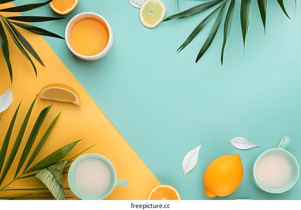 Summertime Flatlay with Tea and Lemon on a Colorful Background