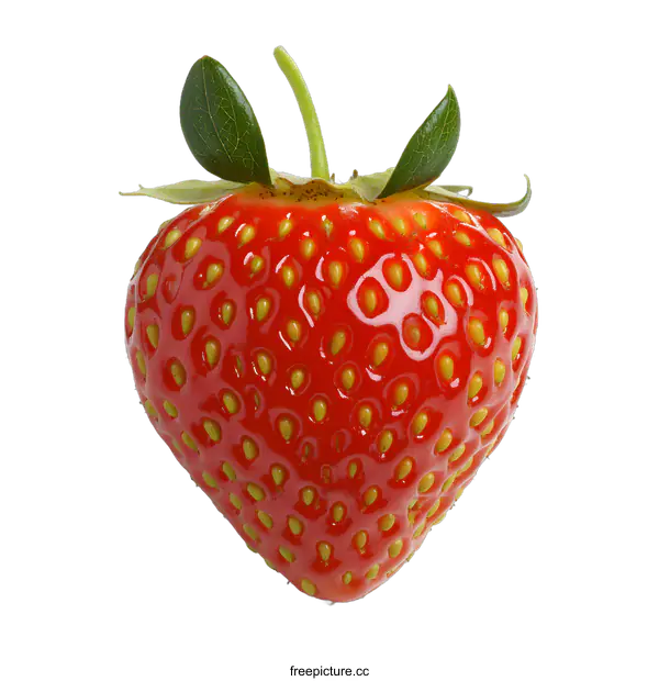 [Transparent Background PNG]Close Up of a Ripe Red Strawberry with Green Leaves
