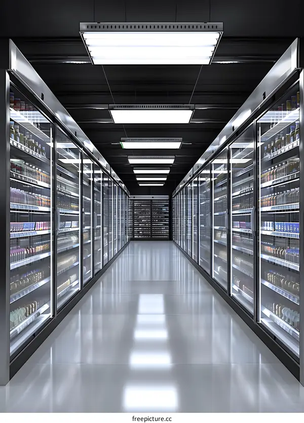 Empty Refrigerated Aisle In Grocery Store