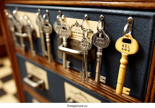 Vintage Keys Displayed in Antique Wooden Cabinet