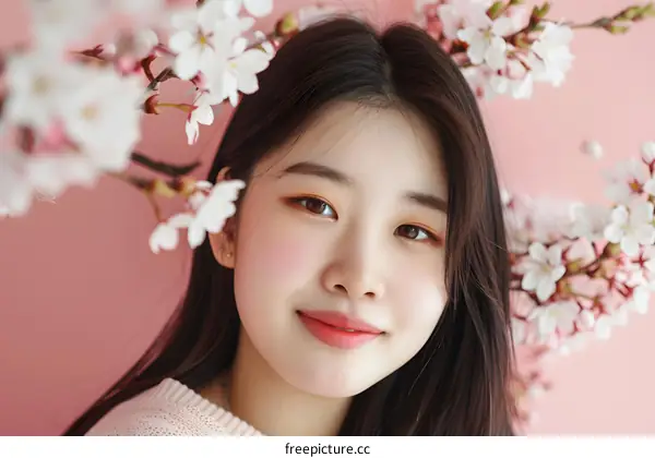 Portrait of a Young Asian Woman with Cherry Blossoms
