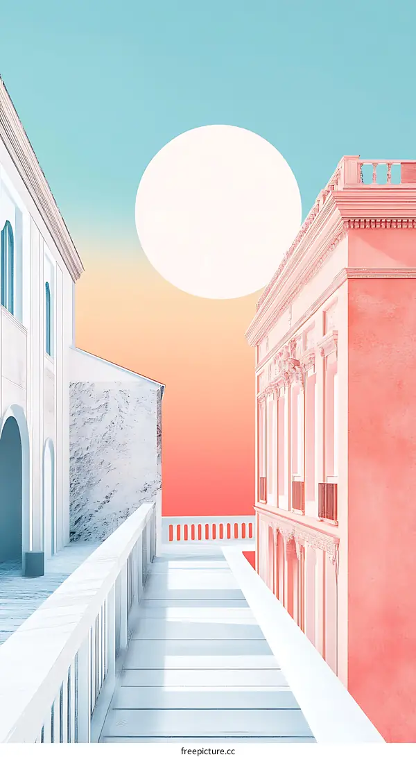 Minimalist Architecture Design with Pastel Colors and a Large Circular Sun