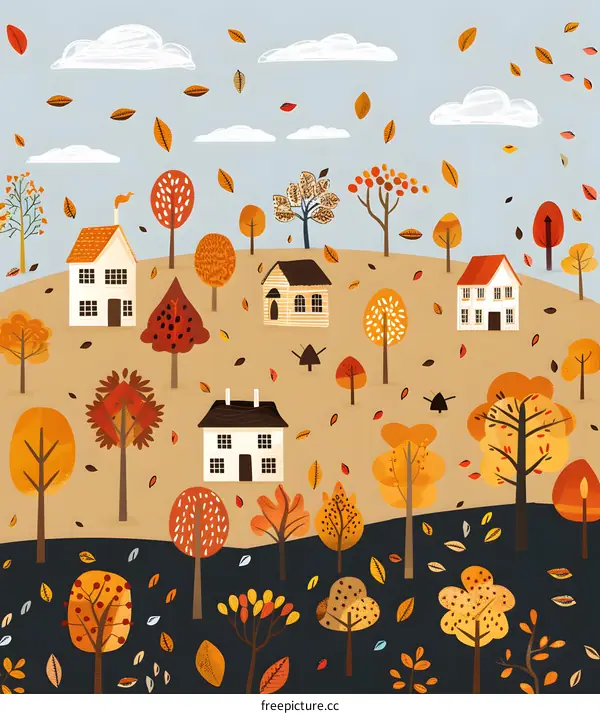 Autumn Village Illustration with Houses and Falling Leaves