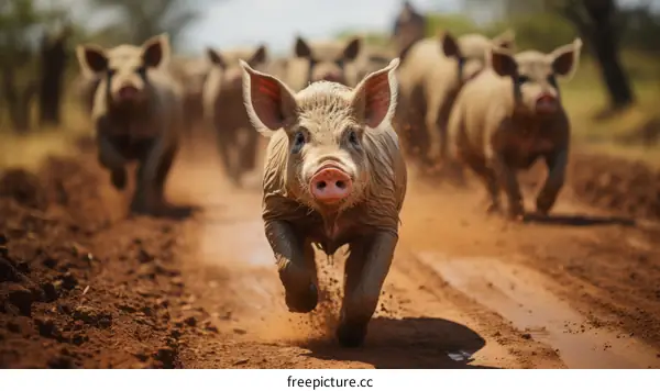 A group of pigs running in a field