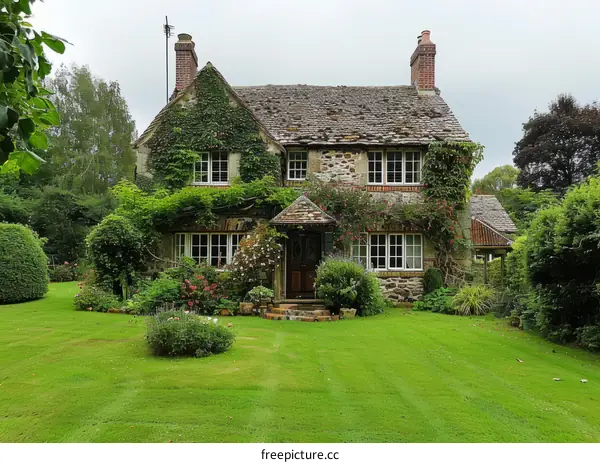 A beautiful stone cottage with a garden full of flowers
