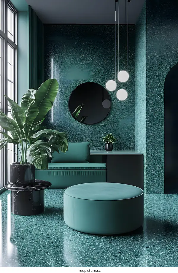 Modern Interior Design with Green Walls and a Round Mirror