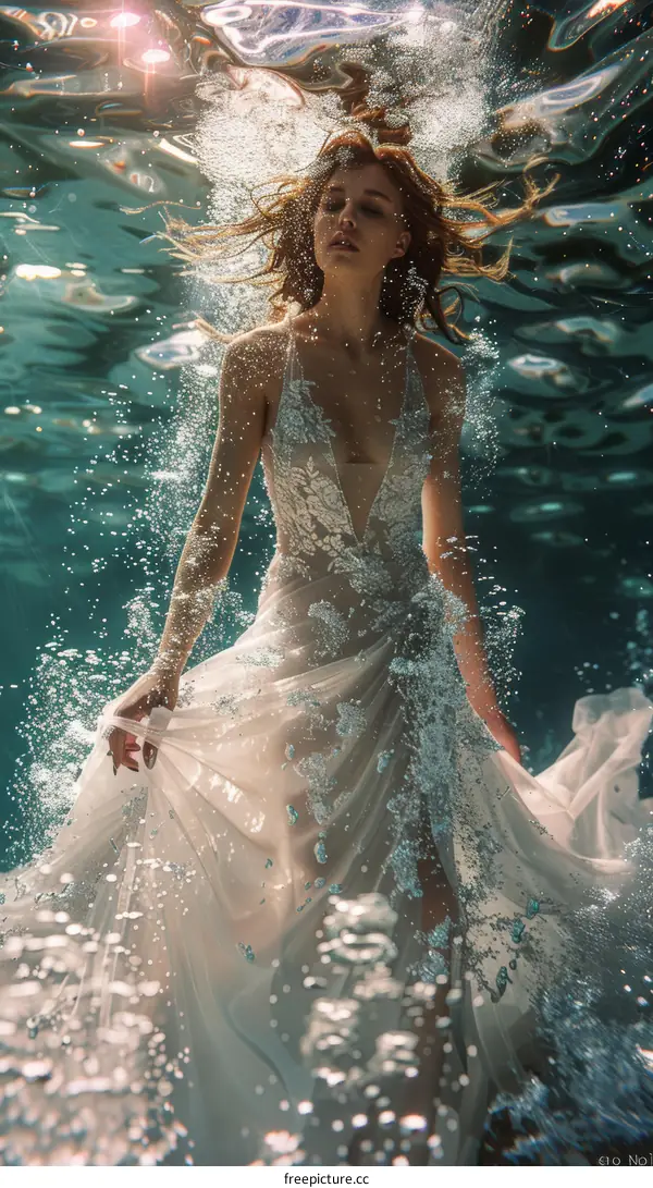 A woman in a white dress swims gracefully underwater