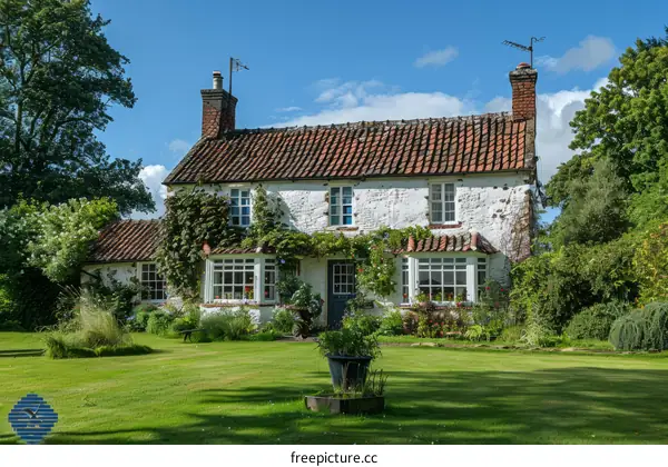 English cottage with garden and trees